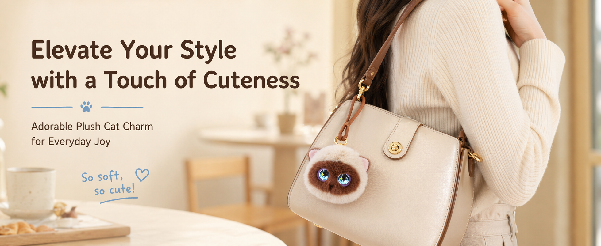 Seal Brown AI Aoomli plush cat charm attached to a handbag