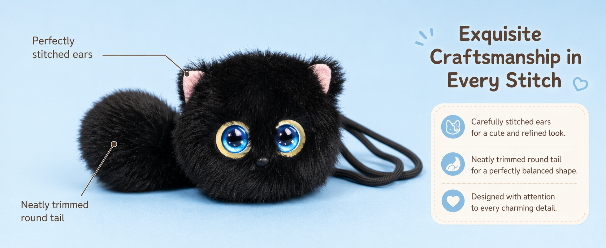 Midnight Black AI Aoomli plush cat charm with stitched ears and round tail
