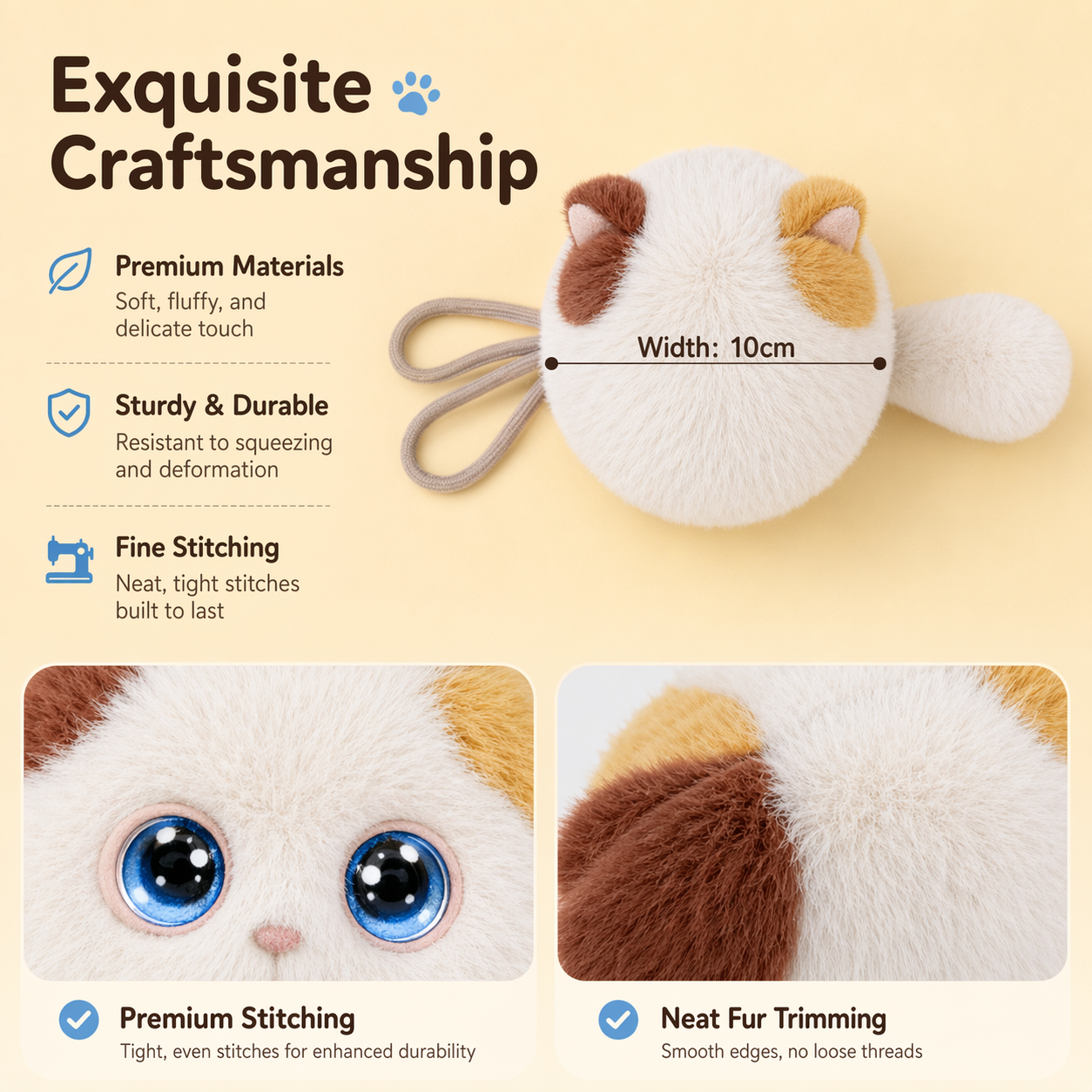 AI Aoomli plush cat charm materials, stitching, and 10 cm width