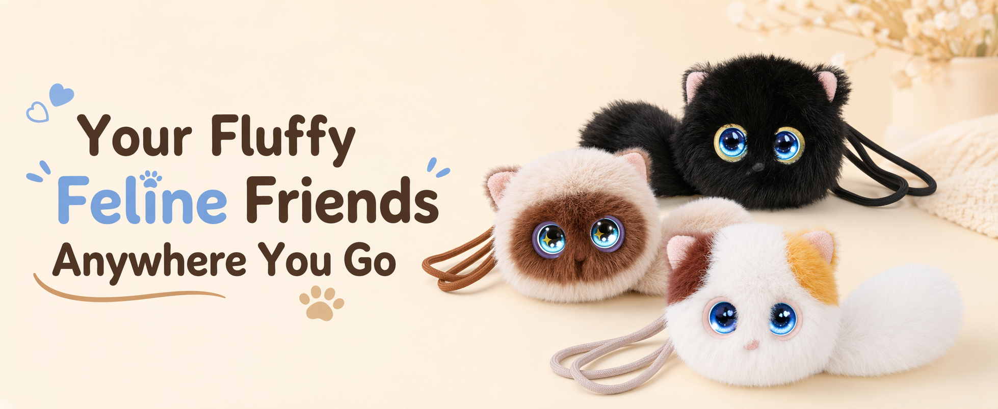 Three AI Aoomli fluffy feline charm styles arranged together