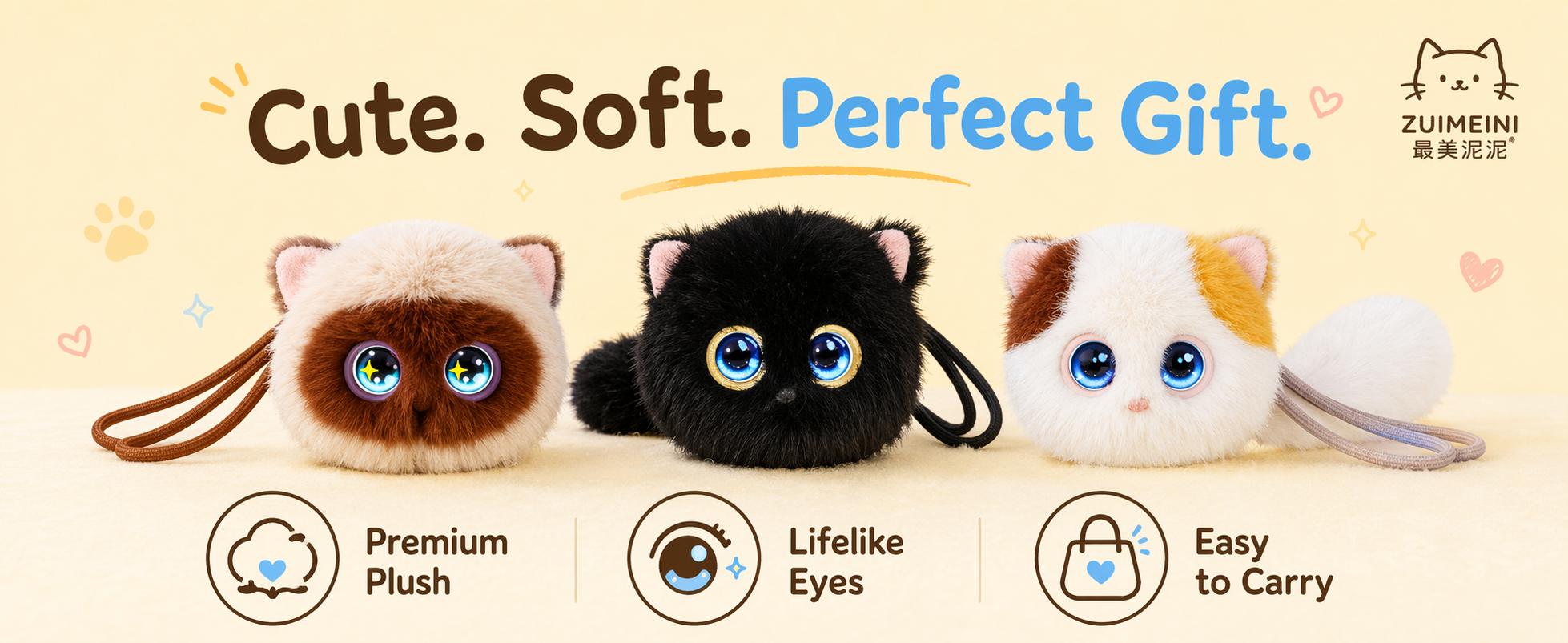 Three soft AI Aoomli plush cat charms presented as gift choices