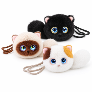 Three AI Aoomli plush cat bag charm styles on a white background