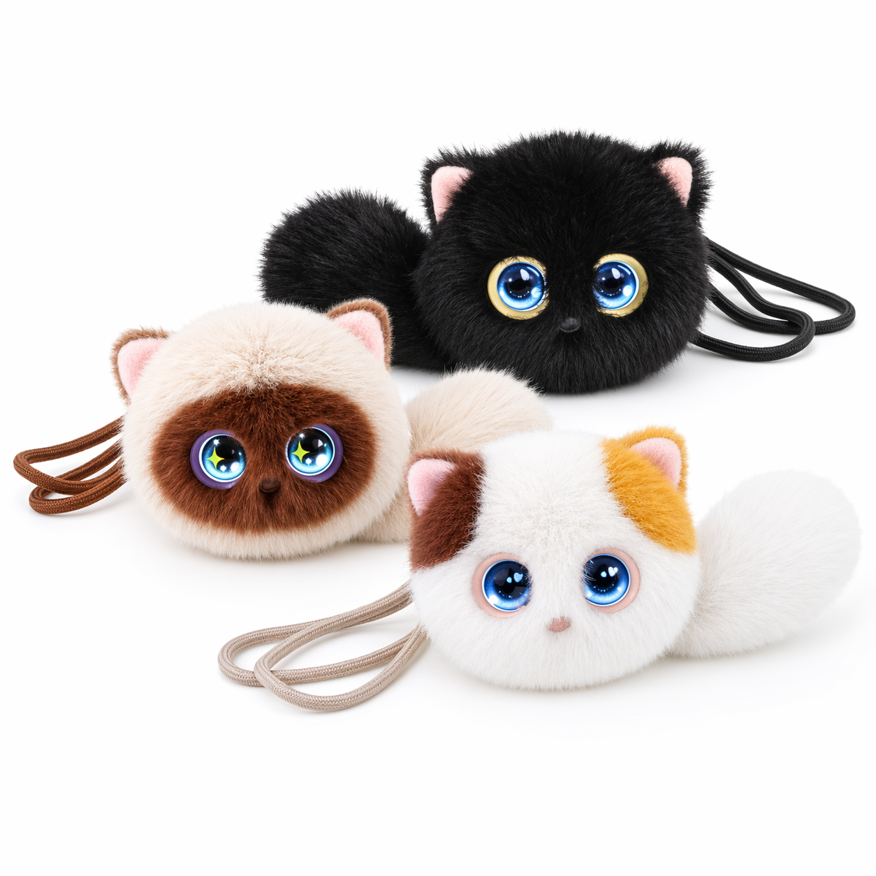 Three AI Aoomli plush cat bag charm styles on a white background