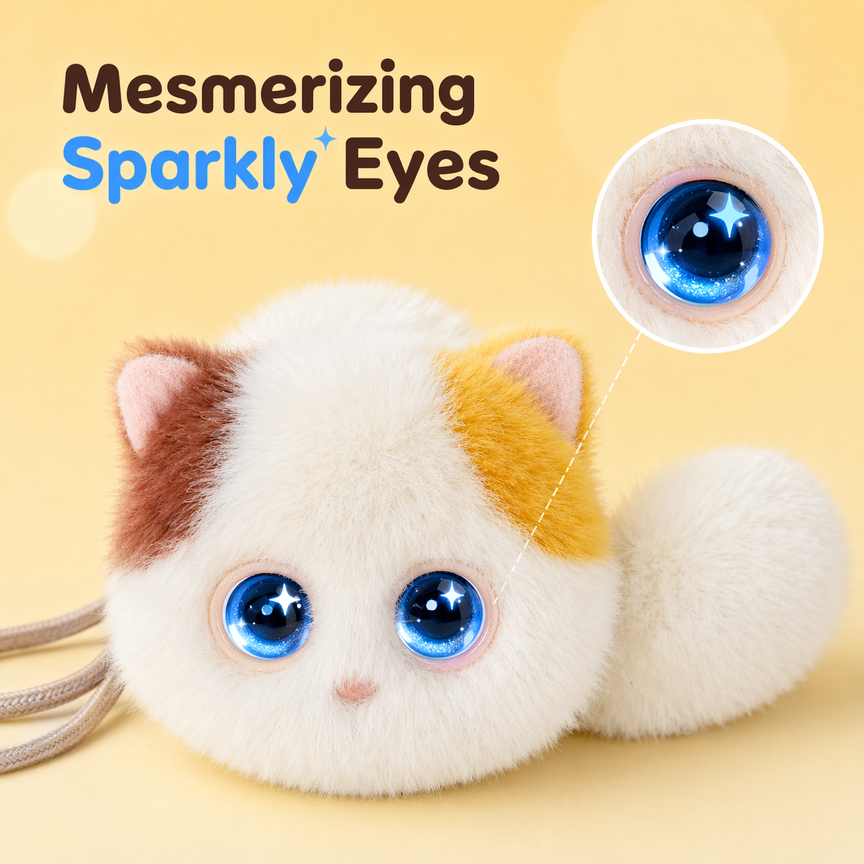 Calico White AI Aoomli plush cat charm with large sparkly blue eyes