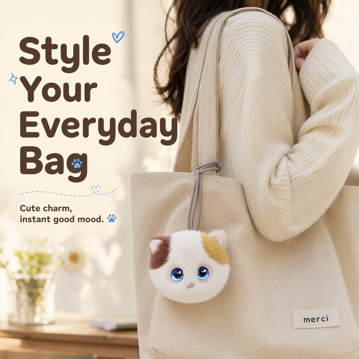 Calico White AI Aoomli plush cat charm attached to a tote bag