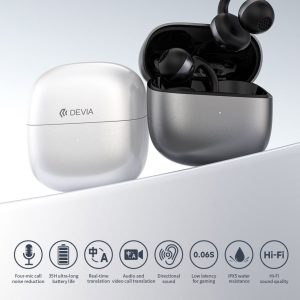 VORAAI OWS AI Pro6 EM428 black clip-on translation earbuds with charging case