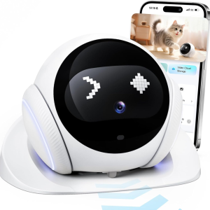 Smart interactive pet robot with camera and charging dock